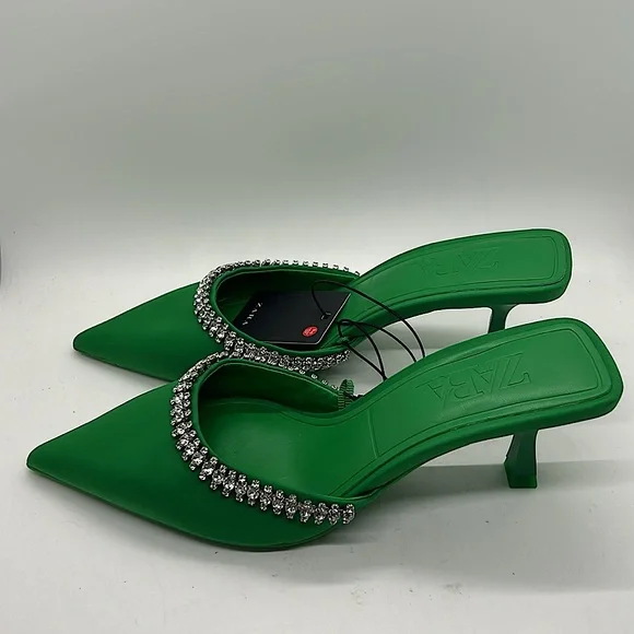 Zara NWT Emerald Green Rhinestones Heels Sandals Shoes **Size 36/US 6**💚💚 - Picture 4 of 7